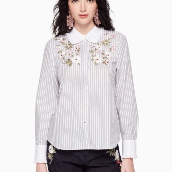 KATE SPADE Stripe Ruffle Floral Embroidered Button Down Shirt - Picture 1 of 12